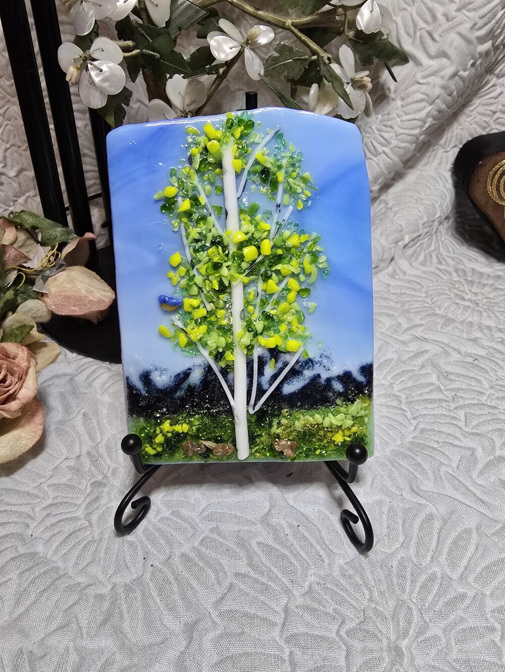 Lois Rentz Signed Fused Glass Aspen Tree Landscape Panel Handmade